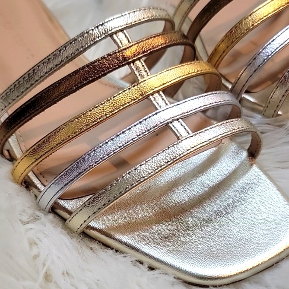 Veronica Beard | Mazon Platinum Metallic Strappy Slide Sandals - Picture 3 of 10